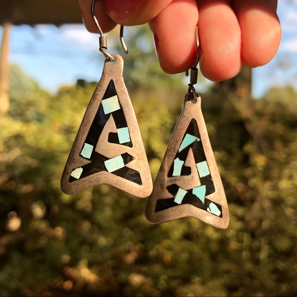 Vintage 925 Taxco Turquoise Inlay Earrings